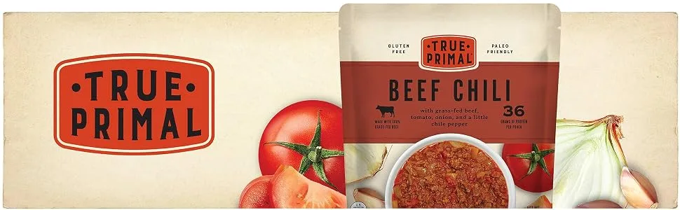 True Primal Beef Chili 8-pack - True Primal Beef Chili pouch and ingredients