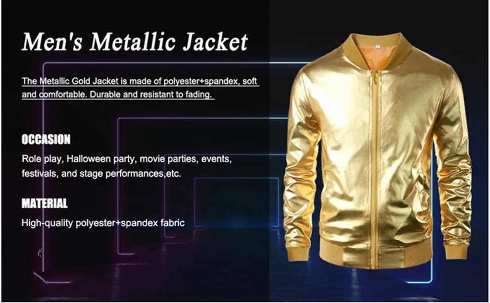 Duohropke Men's Metallic Nightclub Jacket Slim Fit Zipper Varsity Baseball Bomber Shiny Party Dance Disco Jackets L 01 Blue - product information 2
