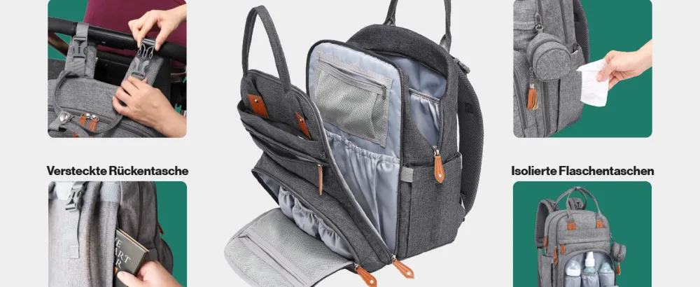 BabbleRoo Baby Diaper Bag/Backpack Diaper Backpack Casual Diaper Bags Dark Grey - Babbleroo Original-Wickeltasche Multifunktional, modisch und mit langlebigem Design konzipiert.
