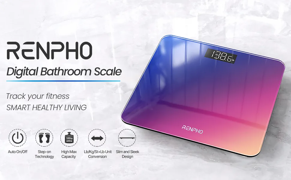 RENPHO Digital Bathroom Scale, Highly Accurate Body Weight Scale with Lighted LED Display, Round Corner Design, 400 lb (Gradient, 10.2"/260mm) Gradient 10.2"/260mm - product information 1
