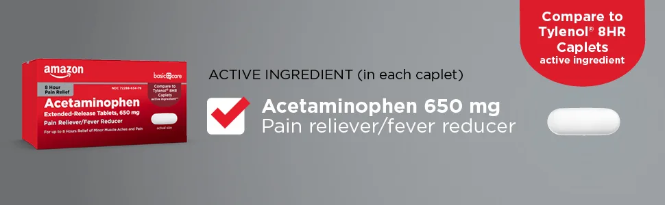 Amazon Basic Care Acetaminophen Extended-Release Tablets, 650 mg, 100 Count 100 Count (Pack of 1) Extended Release - Acetaminophen 8 Hour extended release tablets 650 mg