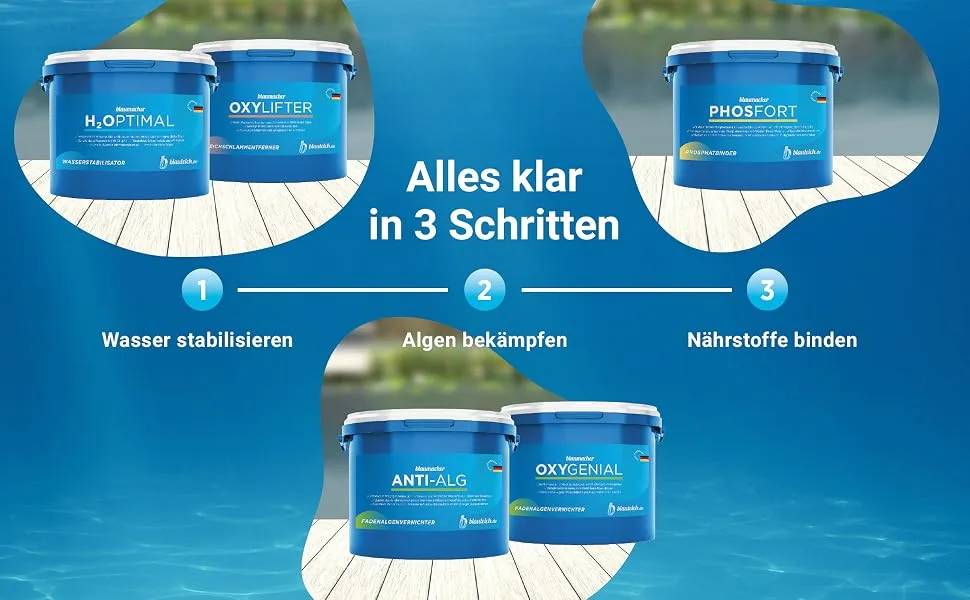 Blauteich Blaumacher Anti -Alg thread algae destroyer - algae remover for garden pond - algae shredders and effective pond care against thread algae in the pond (1 kg) - Vorgehensweise Teichpflege in 3 Schritten