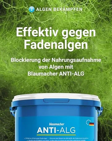 Blauteich Blaumacher Anti -Alg thread algae destroyer - algae remover for garden pond - algae shredders and effective pond care against thread algae in the pond (2 kg) - Eimer eines Fadenalgenvernichters vor Algenhintergrund