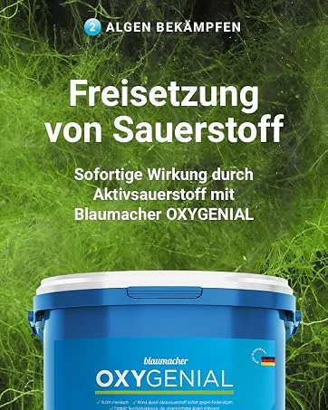 Blauteich Blaumacher Anti -Alg thread algae destroyer - algae remover for garden pond - algae shredders and effective pond care against thread algae in the pond (2 kg) - Eimer eines Fadenalgenvernichters vor Algenhintergrund