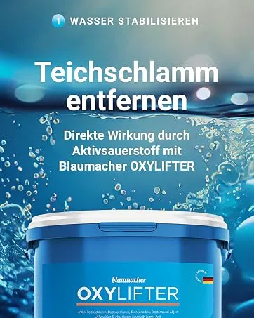 Blauteich Blaumacher Anti -Alg thread algae destroyer - algae remover for garden pond - algae shredders and effective pond care against thread algae in the pond (2 kg) - Produkteimer vor Teichwasser mit Sauerstoffblasen