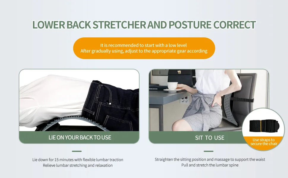 Back Stretching Device,Back Cracker Massager for Bed & Chair & Car,Multi-Level Lumbar Support Stretcher Spinal, Lower and Upper Muscle Pain Relief(Gray Black) - lower back stretcher and posture correct