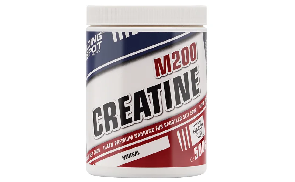 Bodybuilding Depot -M200 Creatin powder 500G maximize muscle strength and mass - pure creatine monohydrate high -dose creatine without additives - Ein Behälter mit einer Dose Creatin Monohydrat Pulver auf einem weißen Hintergrund.