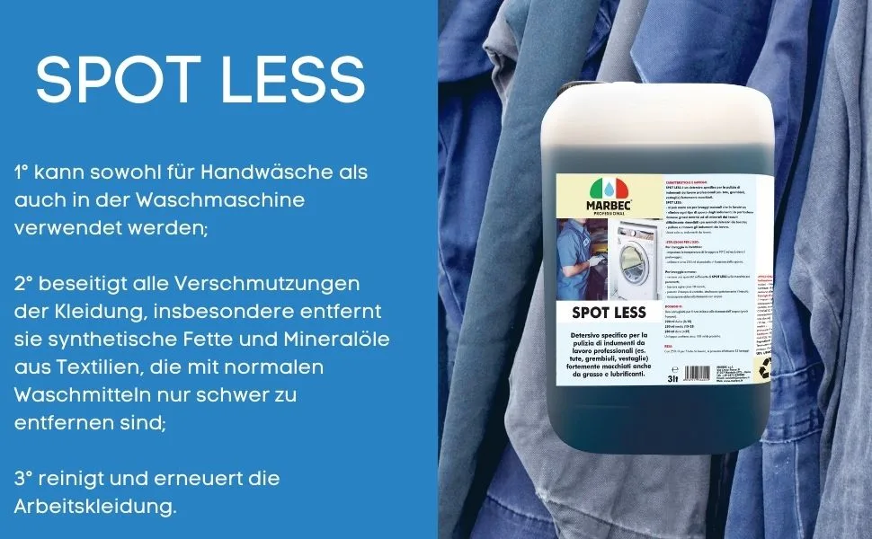 Marbec Spot Less 3LTX4STCK Special detergent for cleaning work clothing especially of work clothes dirty with fat and lubricating agents. - SPOT LESS A+