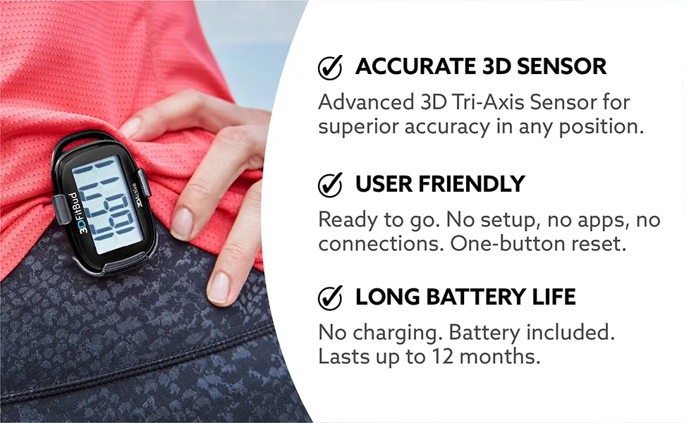 3DFitBud Simple Step Counter Walking 3D Pedometer with Clip and Lanyard, A420S Plum - Accurate 3D Sensor, user friendly, ready to go, long battery life.