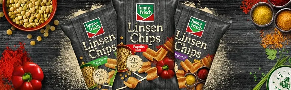 funny-frisch lentil chips paprika pack of 12 (12 x 90 g) - Linsen Chips Header