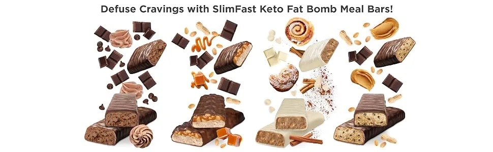 SlimFast Keto Fat Bomb Meal Replacement Whey Protein Bar, Frosted Cinnamon Bun, Low Carb with 7g Protein, 5 Count Box - meal bars fat bomb
