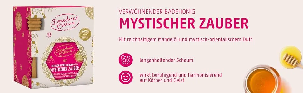 Dresden Essence Bathing honey mystical magic 350 ml |has a calming and harmonizing effectSurprise for Mother's Day gift set for the woman - Banner Badehonig Mystischer Zauber