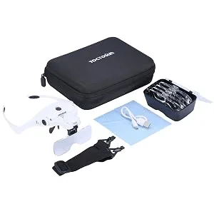 YOCTOSUN Magnifying Glasses with Light, Head Mount Magnifier with 5 Lenses, Headband, Storage Case, Hands Free LED Lighted Head Magnifying Visor for Close Work Hobby Crafts Led Head Magnifier with Storage Case - Magnifying Glasses with Light