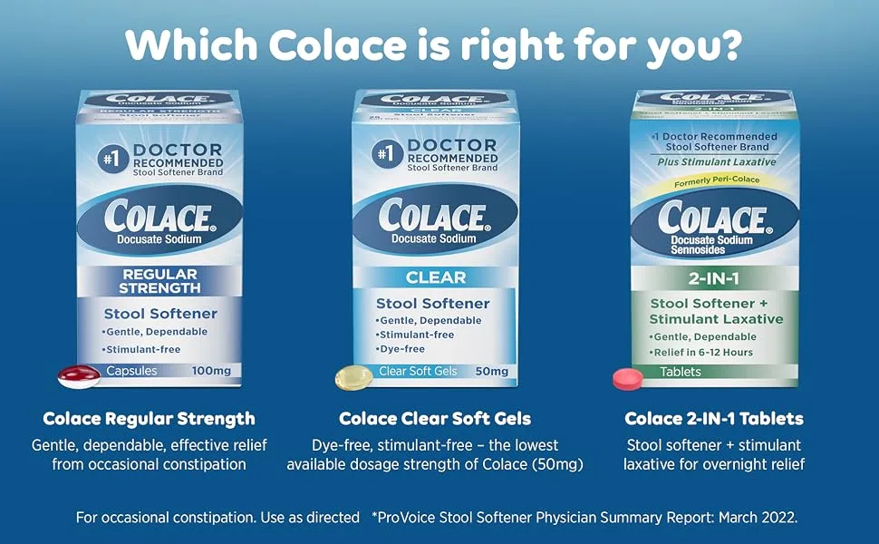 Colace Regular Strength Stool Softener 100 mg Capsules 100 Count Docusate Sodium Stimulant-Free for Gentle, Dependable Occasional Constipation Relief 100 Count (Pack of 1) - Which Colace is right for you?
