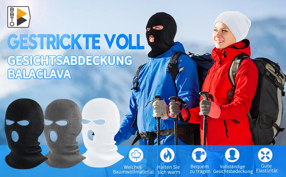 BBTO Knitted Balaclava with 3 Holes Full Face Cover Winter Full Face Balaclava One Size Black - product information 1