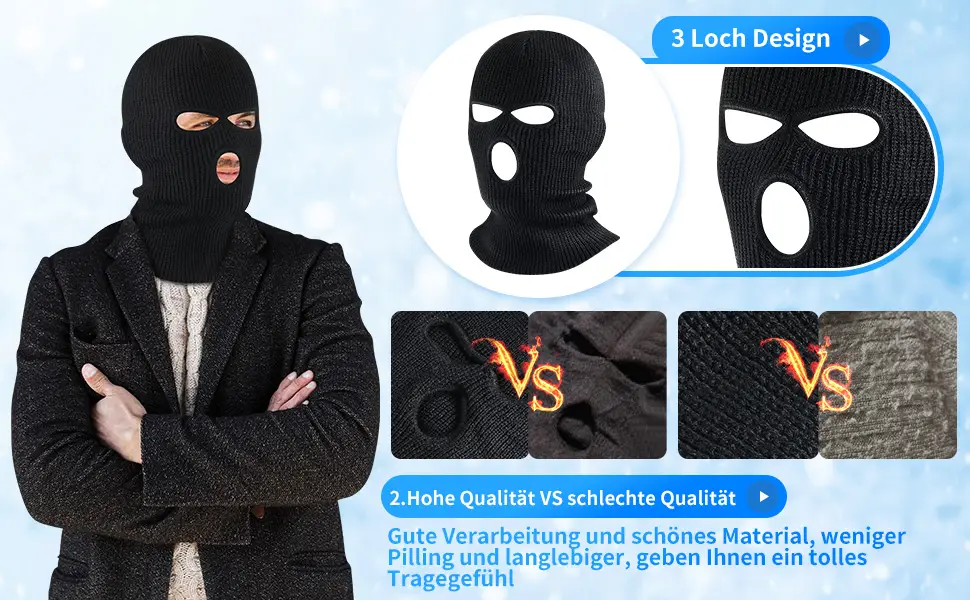 BBTO Knitted Balaclava with 3 Holes Full Face Cover Winter Full Face Balaclava One Size Black - product information 3