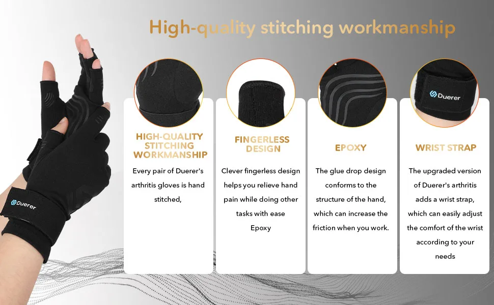 Duerer arthritis compression gloves with straps ladies men for RSI carpal tunnel rheumatism tendonal inflammation hand pain hand support fingerless gloves for computer black s - product information 2