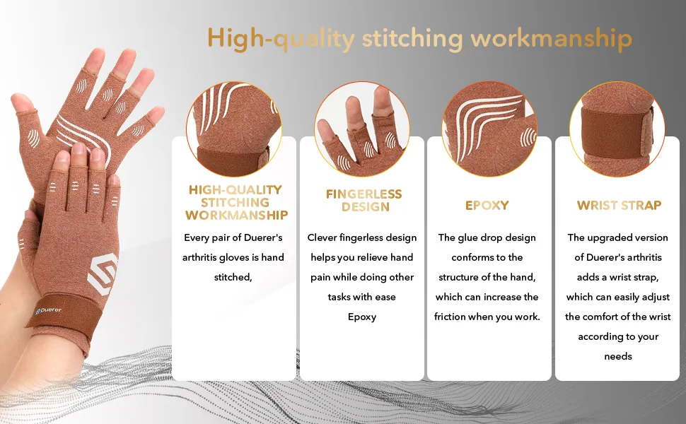 Duerer arthritis compression gloves with straps ladies men for RSI carpal tunnel rheumatism tendonal inflammation hand pain hand support fingerless gloves for computer brown l - duerer