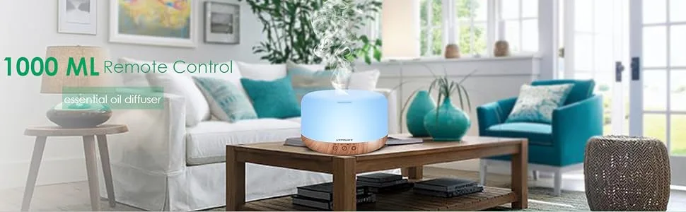 URPOWER 1000ml Essential Oil Diffuser Remote Control 5 in 1 Ultrasonic Aromatherapy Oil Cool Mist Humidifier Running 20 Hours with Adjustable Mist Mode/4 Timer Settings for Large Room Study Yoga Spa A-yellow - product information 9