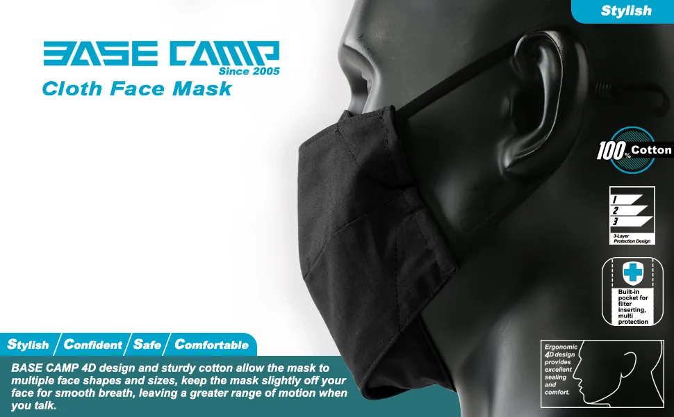 BASE CAMP Reusable Cloth Face Masks 100% Cotton Washable Adjustable Breathable Fabric Mask with Filter Pocket 1black+1blue - product information 2