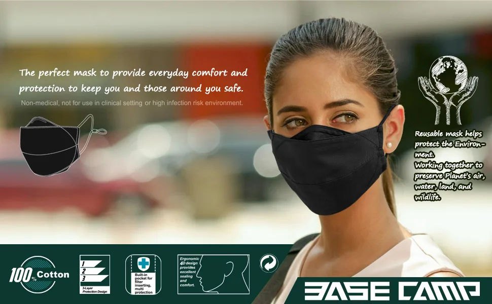 BASE CAMP Reusable Cloth Face Masks 100% Cotton Washable Adjustable Breathable Fabric Mask with Filter Pocket 1black+1blue - product information 4