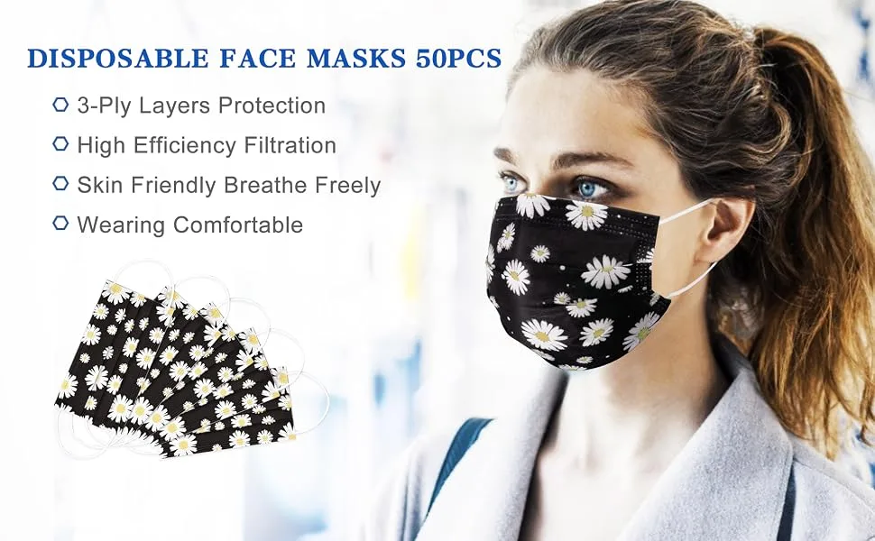 3 Ply 50 Pcs Individually Wrapped Filter Mask Disposable Earloop Face Masks-Audlt Black/White - disposable face masks 50Pcs