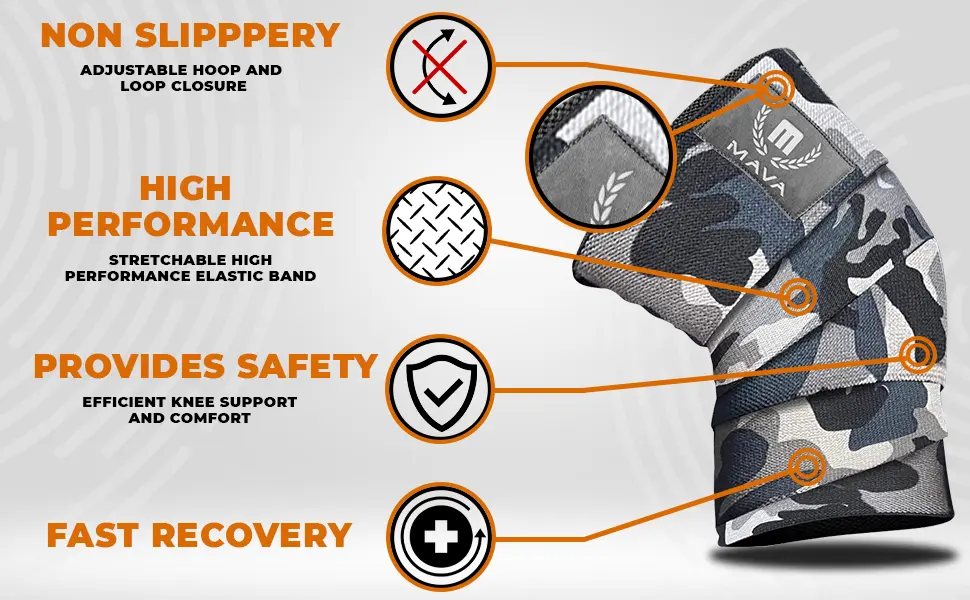 Mava Sports Knee Wraps for Cross Training WODs Compression & Elastic Support Camo Grey - knee wraps