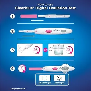 Clearblue Trying for a Baby Ovulation Kit, Featuring 25 Ovulation Tests and 2 Rapid Detection Pregnancy Tests, 27 Count 25 Ovulation Tests and 2 Pregnancy Tests - How to use Clearblue Digital Ovulation Test - iconography step by step