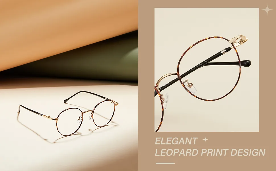Cyxus Blue Light Glasses Round Frame UV Blocking Computer Glasses Clear Lens Metal Eyewear Ultra Light Relieve Digital Screen Eye Strain, Headache 03 - Leopard - Elegant Leopard Design