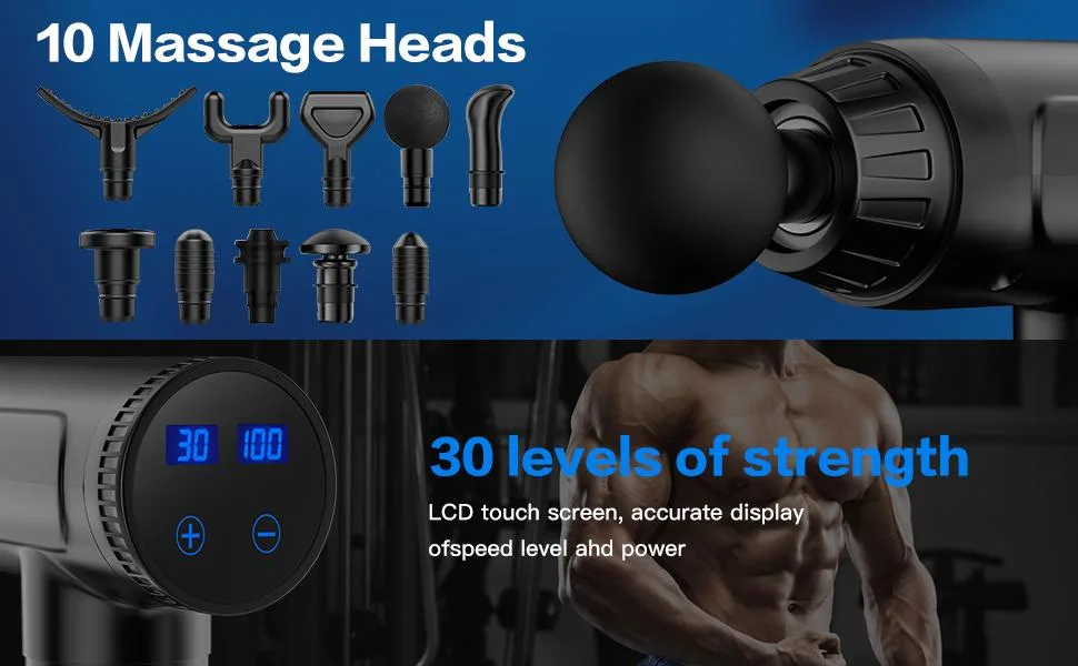 Massage Gun Deep Tissue, Percussion Muscle Massager Gun, 30 Speeds Quiet Handheld Massager for Muscle Neck Back Shoulder , LCD Touch Screen with 10 Heads (Black) - massage gun