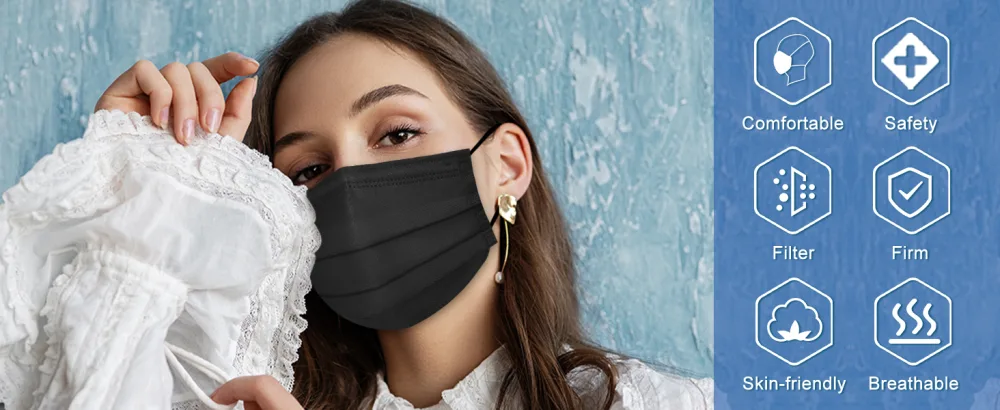 XDX Black Disposable Face Masks 50 Pack- 4 Layer Individually Wrapped Masks for Women Men Unisex Adults Breathable Black Masks for Adults Black-50pcs - mask