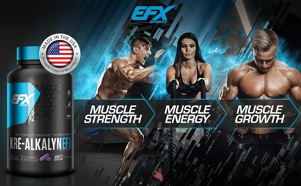 EFX Kre-Alkalyn | PH Correct Creatine Monohydrate | Patented Formula, Gain Strength, Build Muscle & Enhance Performance - 400 Capsules / 200 Servings 400 Count (Pack of 1) - creatine monohydrate kre-alkalyn pills capsules powder supplement efx sports bodybuilding