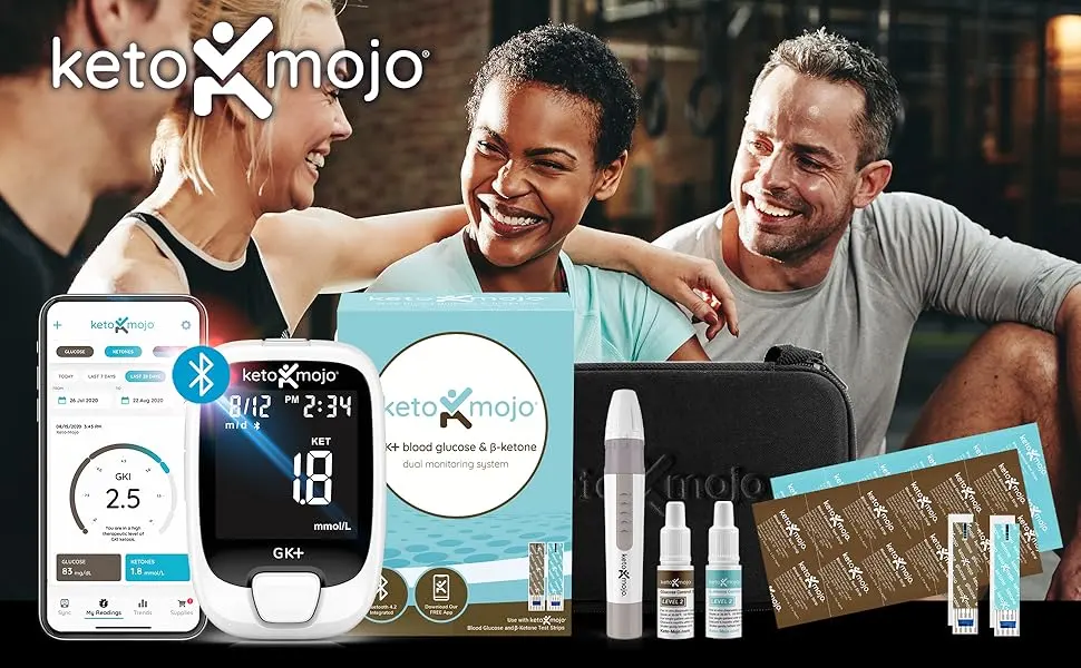 KETO-MOJO GK+ Bluetooth Glucose & Ketone Testing Kit + Free APP for Ketosis & Diabetes Management. 20 Blood Test Strips (10 Each), Meter, 20 Lancets, Lancing Device, and Control Solutions - Keto-Mojo