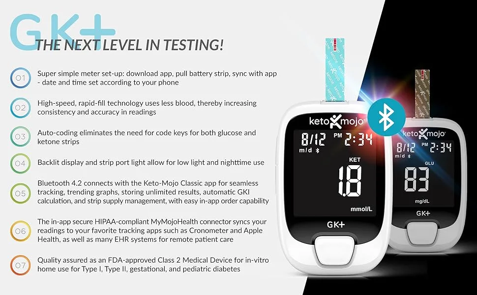 KETO-MOJO GK+ Bluetooth Glucose & Ketone Testing Kit + Free APP for Ketosis & Diabetes Management. 20 Blood Test Strips (10 Each), Meter, 20 Lancets, Lancing Device, and Control Solutions - Keto-Mojo