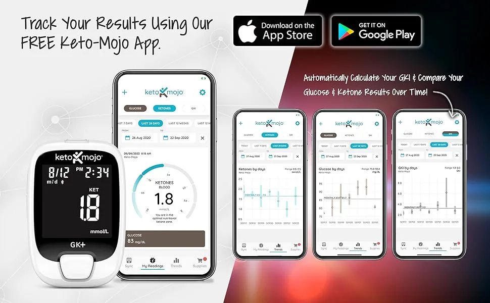 KETO-MOJO GK+ Bluetooth Glucose & Ketone Testing Kit + Free APP for Ketosis & Diabetes Management. 20 Blood Test Strips (10 Each), Meter, 20 Lancets, Lancing Device, and Control Solutions - Keto-Mojo