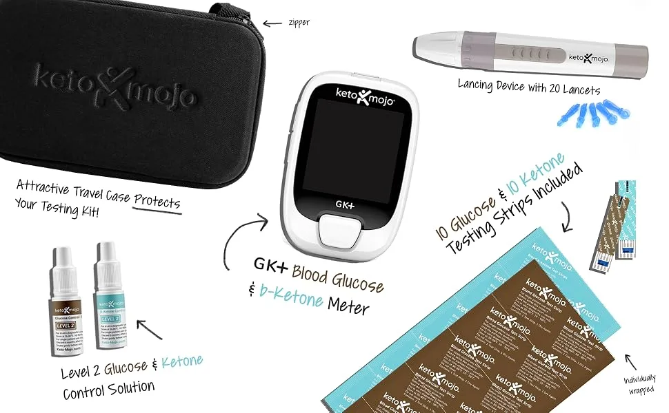 KETO-MOJO GK+ Bluetooth Glucose & Ketone Testing Kit + Free APP for Ketosis & Diabetes Management. 20 Blood Test Strips (10 Each), Meter, 20 Lancets, Lancing Device, and Control Solutions - Keto-Mojo