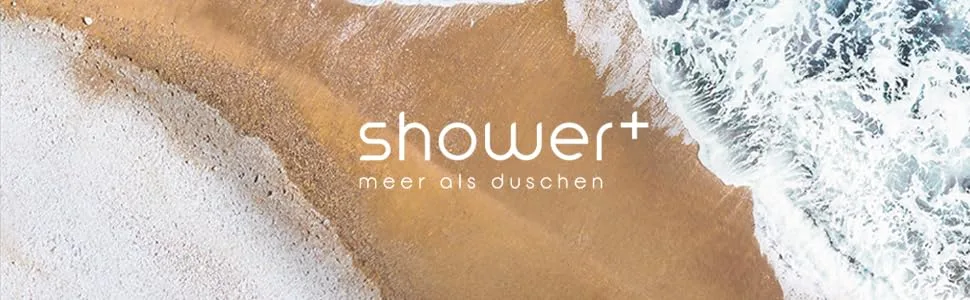 shower+ salt shower | Starter set with Mediterranean salt | Known from the Lions' Den Chrome Starter Set - logo shower+ meer als duschen banner