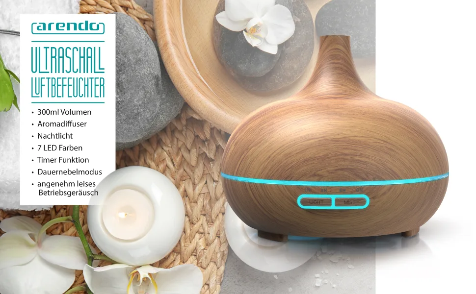 ARENDO - Ultrasound LED Aroma Diffuse 300 ml - humidifier room humidifier Nachlicht - LED ring - 7 LED colors - Timer function - Duration lever mode - pleasantly quiet operating noise - wooden decor - Arendo LED Arome Luftbefeuchter