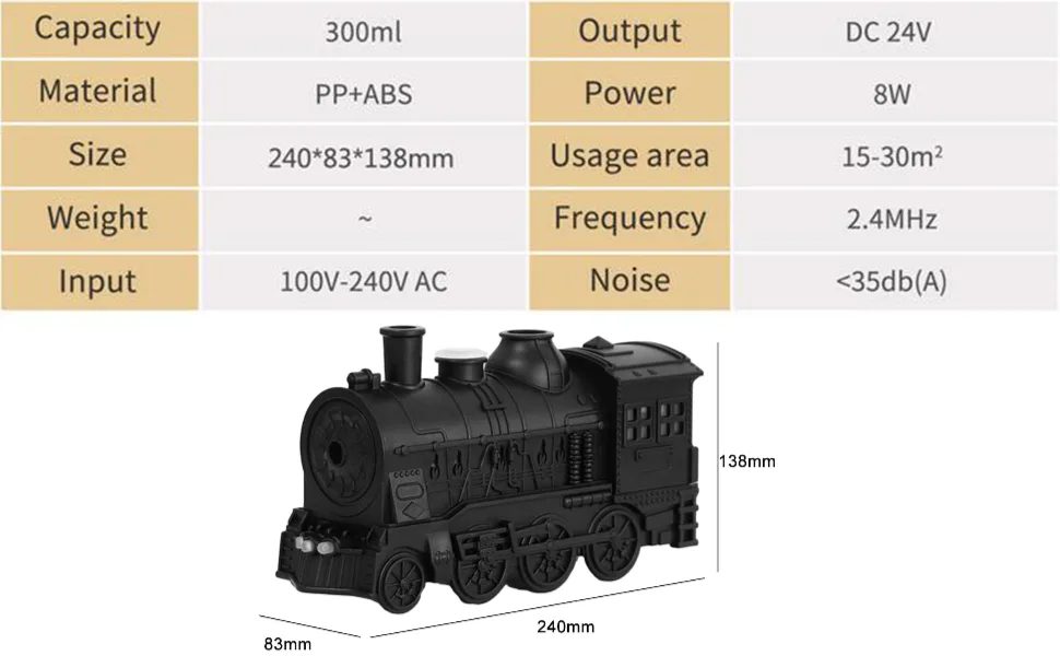 Predolo retro train diffuser for essential oils humidifier EU plug 220 V retro train essential oil diffuser humidifie with atmospheric light black - product information 2