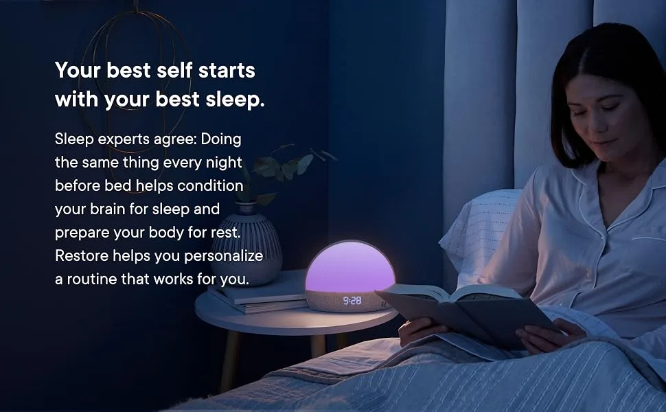 Hatch Restore - Sound Machine, Smart Light, Personal Sleep Routine, Bedside Reading Light, Wind Down Content and Sunrise Alarm Clock for Gentle Wake Up - sleep, app, sound machine, light, alarm