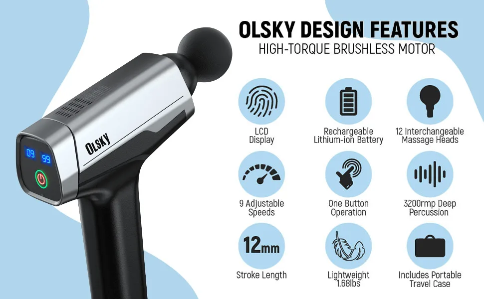Massage Gun Deep Tissue, Handheld Electric Body Back Massager, High Percussion Muscle Massage Device for Athletes with 9 Speed & 12 Attachments Silver - Massage Gun Deep Tissue