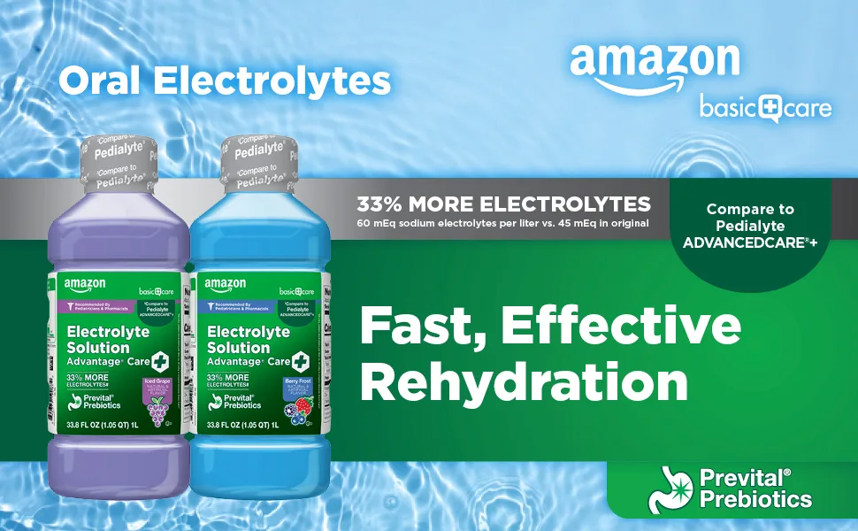 Amazon Basic Care Advantage Care Plus Electrolyte Solution, Berry Frost, Helps Prevent Dehydration, fluids, zinc and Electrolytes, 1 Liter - oral electrolytes graphic banner 33 percent more electrolytes fast effective rehydration
