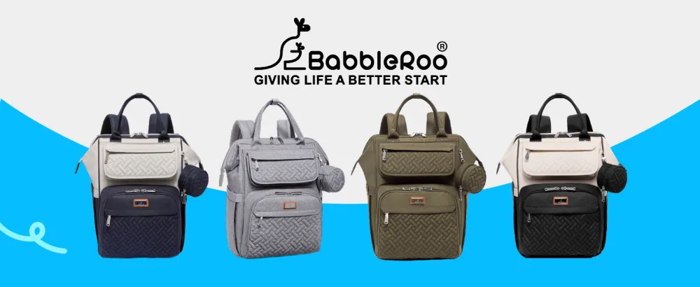 Babbleroo diaper bag Backpack Multifunctional large diaper backpack baby bag with diaper pad & stroller belt & pacifier bag stone gray & blue - Babbleroo Wide Top-Wickeltasche