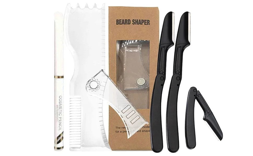 Higyee mustache former |Anti-slip-rubber-beard-form tool set for men |-Bart-trim instructions Trim bread curve former Bart-Styling template White Tracing Stift - Bartformwerkzeug