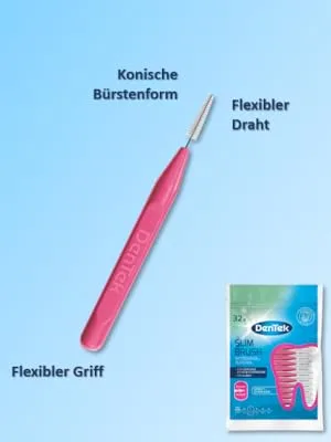 Dentek Slim Brush - size 1 - extra fine - for very tight interdental spaces - with mint taste and hygienic protective cap 32 pieces pink (pack with 2) - product information 3