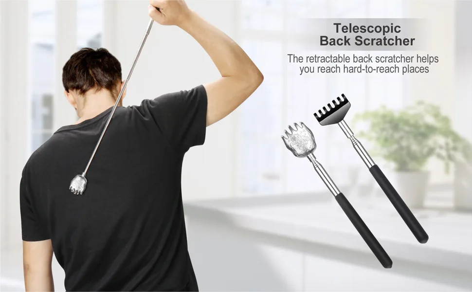 2 Pack Portable Extendable Back Scratcher - Backscratchers for Men Women - Metal Stainless Steel Telescoping Massage Tool with Carrying Bag (Black) - back scratcher