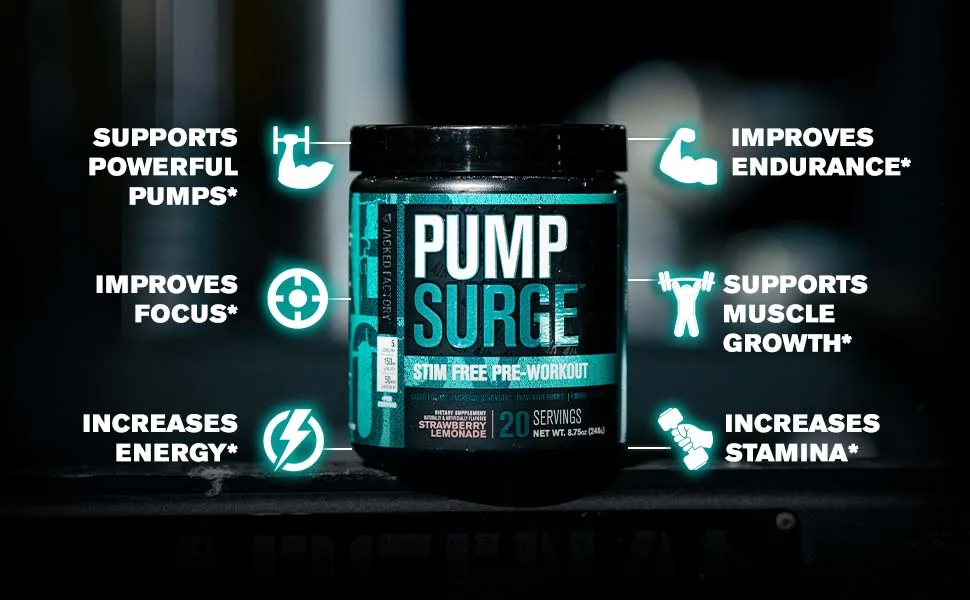 PUMPSURGE Caffeine Free Pump & Nootropic Pre Workout Supplement - Non Stimulant Preworkout Powder & Nitric Oxide Booster - 20 Servings, Raspberry Peach - highlights