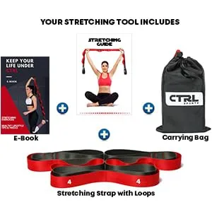 Stretching Strap with Loops for Physical Therapy, Yoga, Exercise and Flexibility - Non Elastic Fitness Stretch Band + Exercise Instructions & Carry Bag by CTRL Sports 10 Loops - Blue - device red green