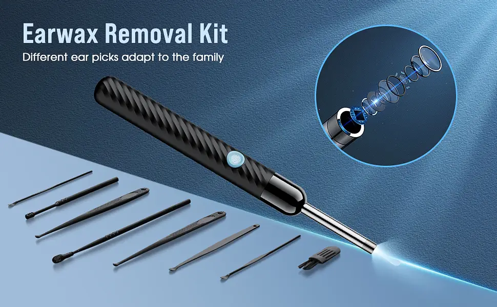 Ear Wax Removal - Earwax Remover Tool with 8 Pcs Ear Set - Ear Cleaner with Camera - Earwax Removal Kit with Light - Ear Camera with 6 Ear Spoon - Ear Cleaner for iOS & Android (Black) - ear cleaner