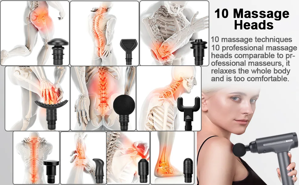 Muscle Massage Gun, Silent Deep Tissue Percussion Back Neck Hammer Massager, for Athletes, 30 Speeds, LCD Touch Screen, with 10 Heads, Handheld Massager (Gray) - massage